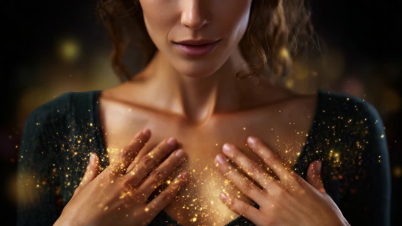 A captivating moment captured in a video sequence featuring a woman adorned with shimmering sparkles emanating from her chest, showcasing a blend of elegance, mystery, and enchanting beauty in a mesmerizing display of light