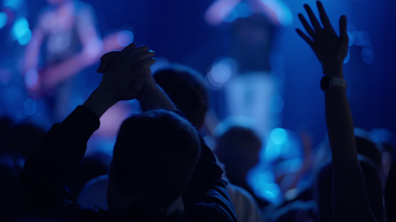 Folla del concerto con le mani alzate e chitarrista visibile su un palco illuminato di blu