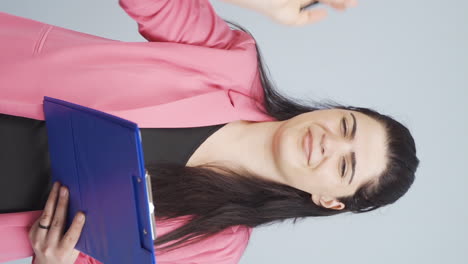 Vertical-video-of-Business-woman-smelling-sweat-expressing-negative-at-camera.