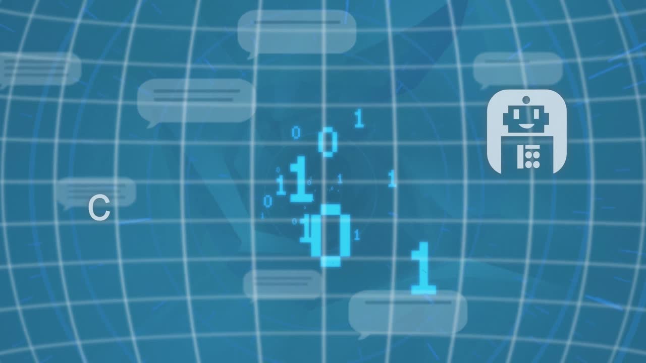 Animation of texts, icons over globe and message boxes and binary codes against abstract background