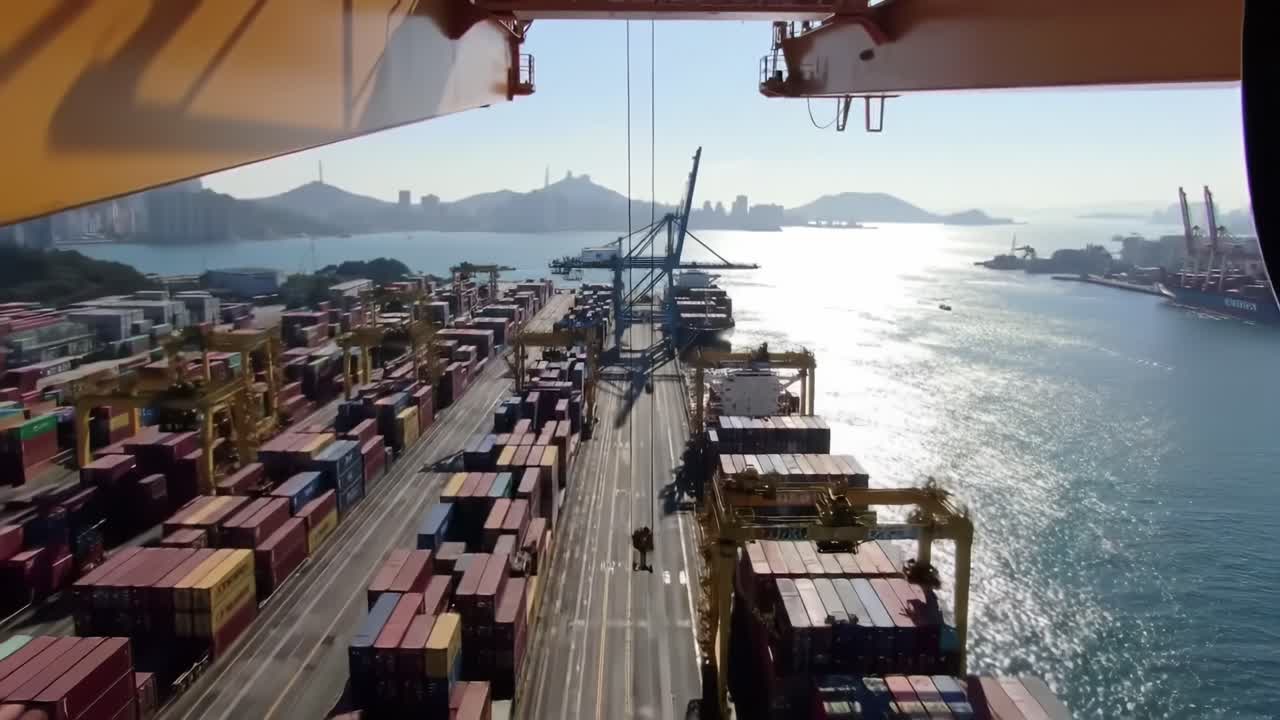 A busy shipping port filled with colorful containers and towering cranes. The sun reflects on the water, creating a vibrant coastal view. Activity in the harbor is lively and engaging.