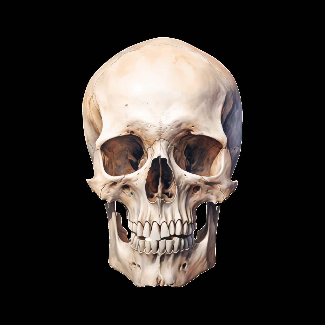 Realistic human skull illustration animation isolated asset, transparent 4K video, alpha channel