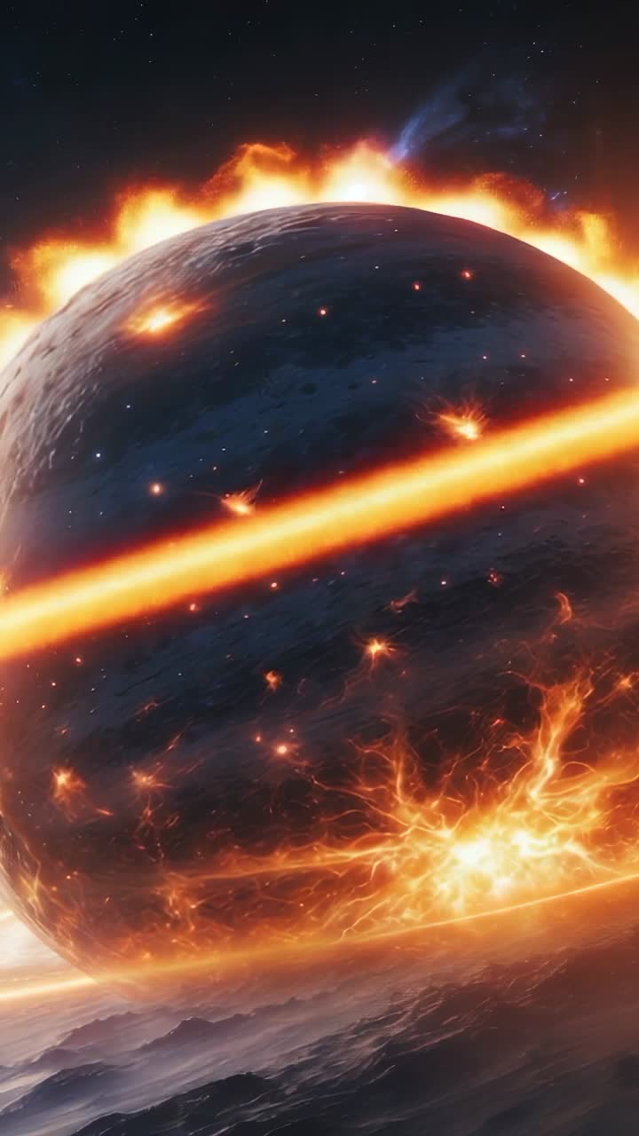 Vertical video: Rocky planet experiencing heat buildup in space, forming molten ring with cracks