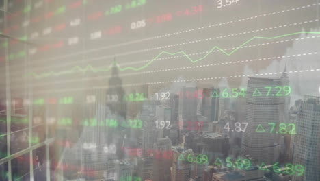 animation of diagrams and stock market over cityscape