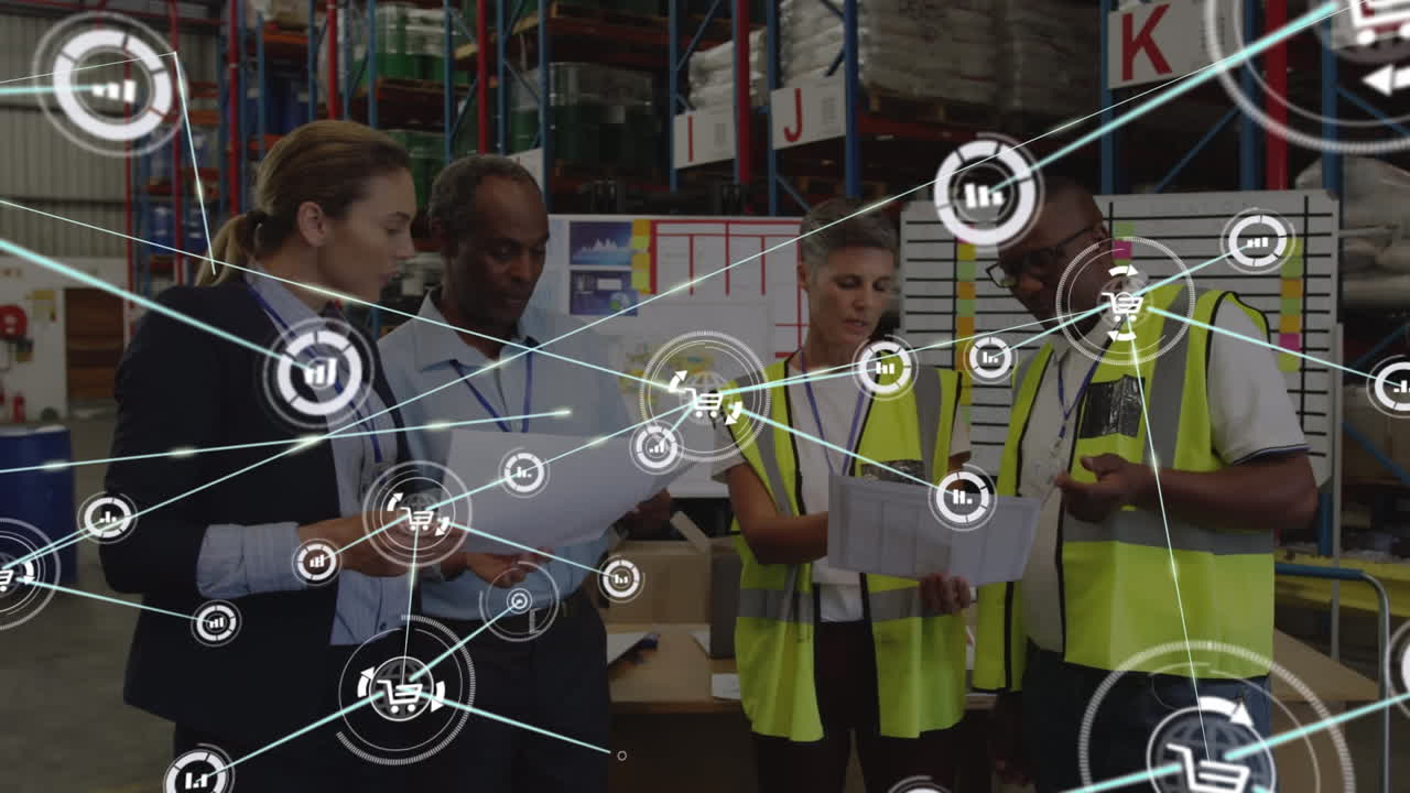 animación de formas geométricas, iconos conectados, antepasados multirraciales discutiendo en el almacén.