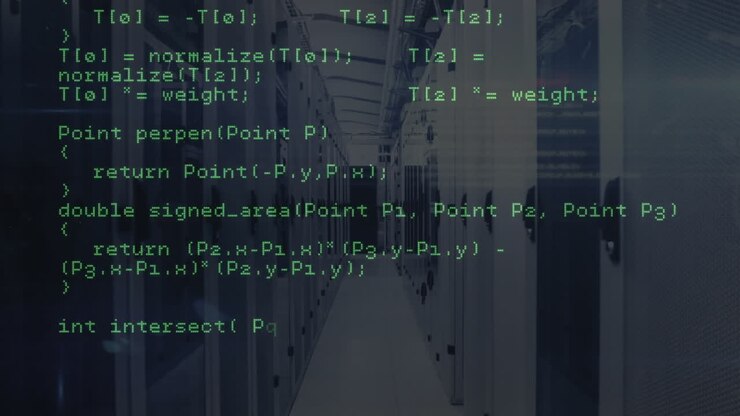 Animerer datakode over datasenterservere i en korridor