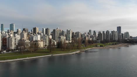 Various-drone-shots-at-English-Bay-near-downtown-Vancouver,-BC-during-Polar-Bear-2019-event