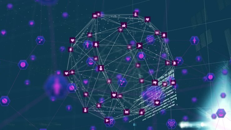 Animation of data processing and icons on blue background