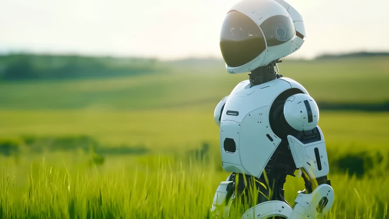 un robot de pie en un campo de hierba verde