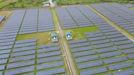 aerial top view of solar power station with large amount of solar panel cells. concept of future technology,renewable sun energy, cell power plants.