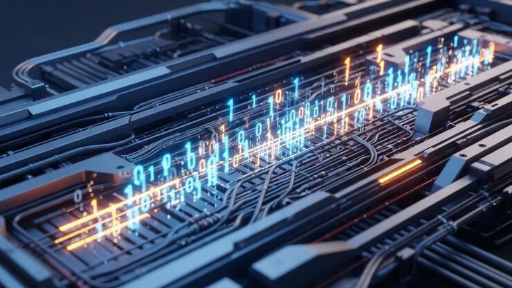 An Intricate Overview of a Futuristic Circuit Board with Dynamic Binary Code Representations Reflecting the Advancement in Digital Technology and Programming