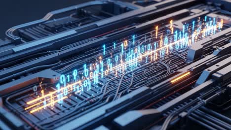 an intricate overview of a futuristic circuit board with dynamic binary code representations reflecting the advancement in digital technology and programming