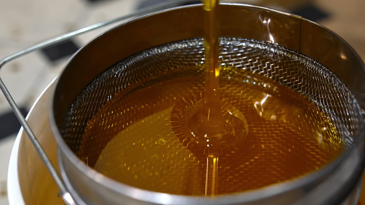 Organic fresh honey pouring on the metal sieve. Filtering honey right after extraction. Close up.