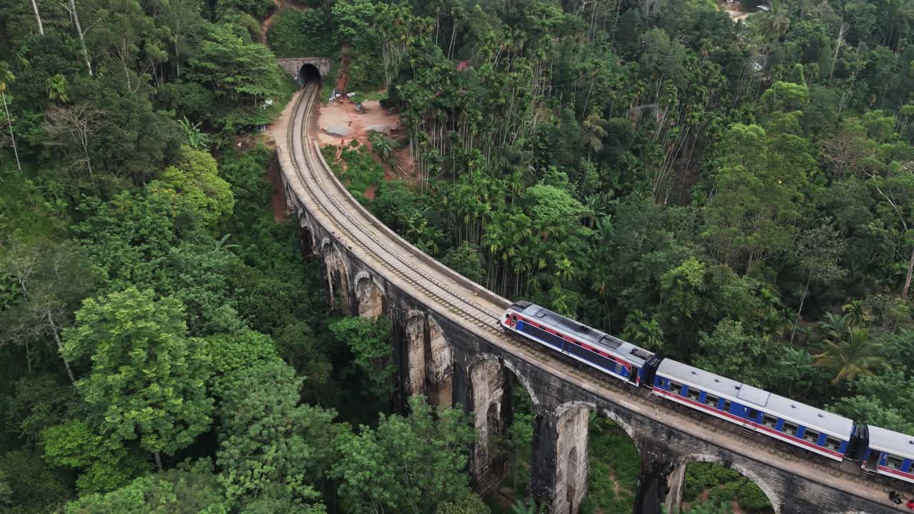 Tren de pasajeros sobre un puente de nueve arcos entra en un túnel y atraviesa las exuberantes selvas de Sri Lanka. Aéreo. Rotar.