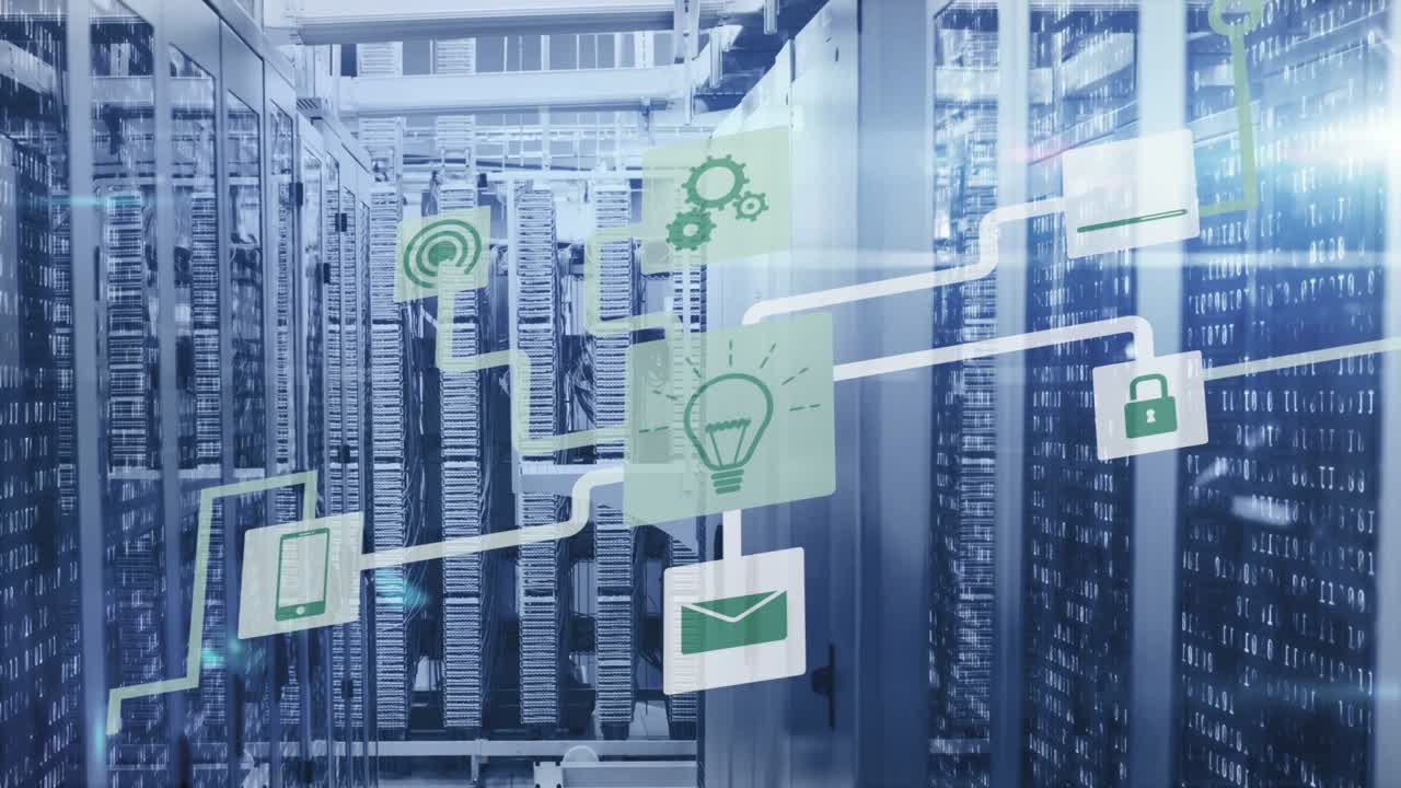 Green square popping, becoming lightbulb while overlay growing, linking icons over DC racks mapping