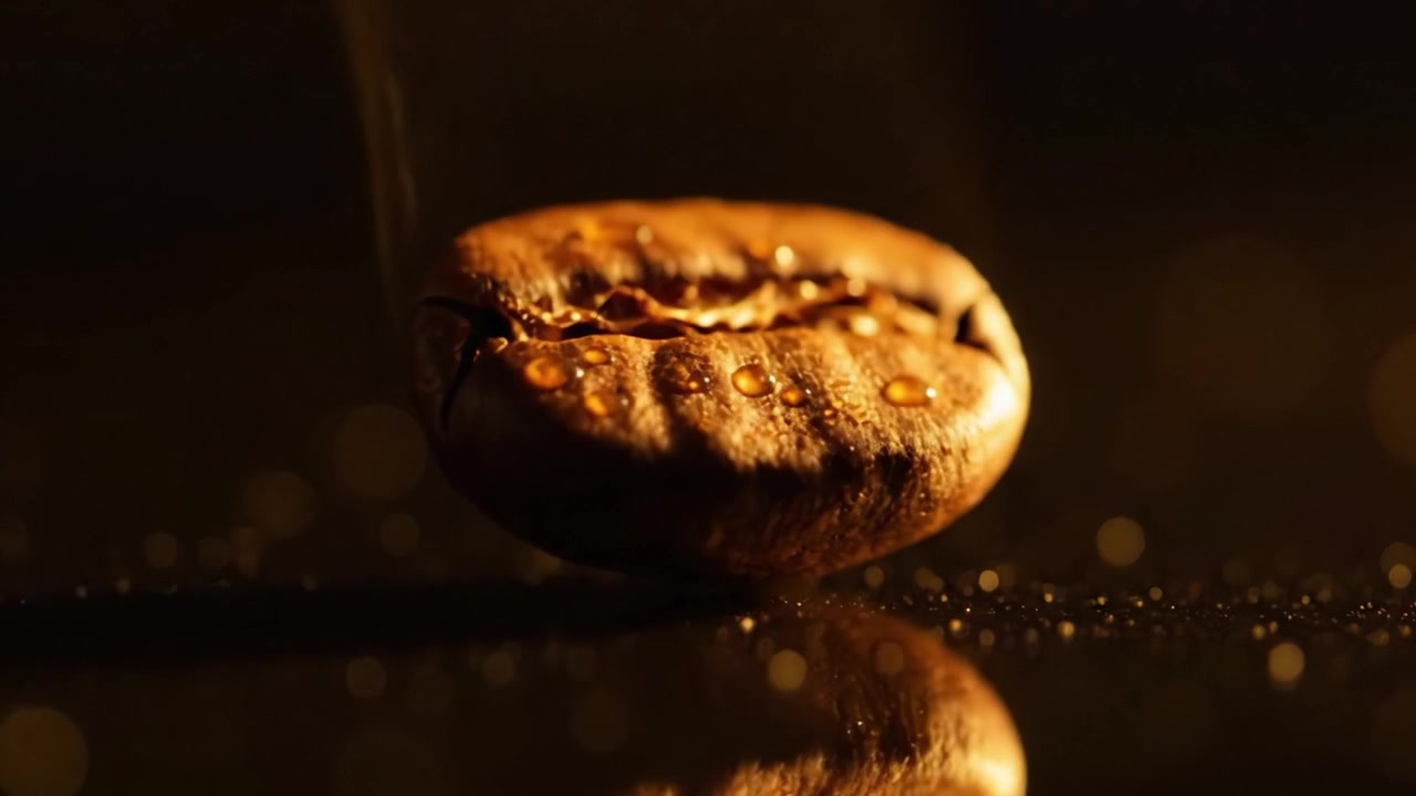 Primo Piano Accattivante di un Chicco di Caffè Tostato che Mostra Ricca Consistenza e Aroma in Luce Drammatica, Creando un'Esperienza Sensoriale per Appassionati e Intenditori di Caffè.