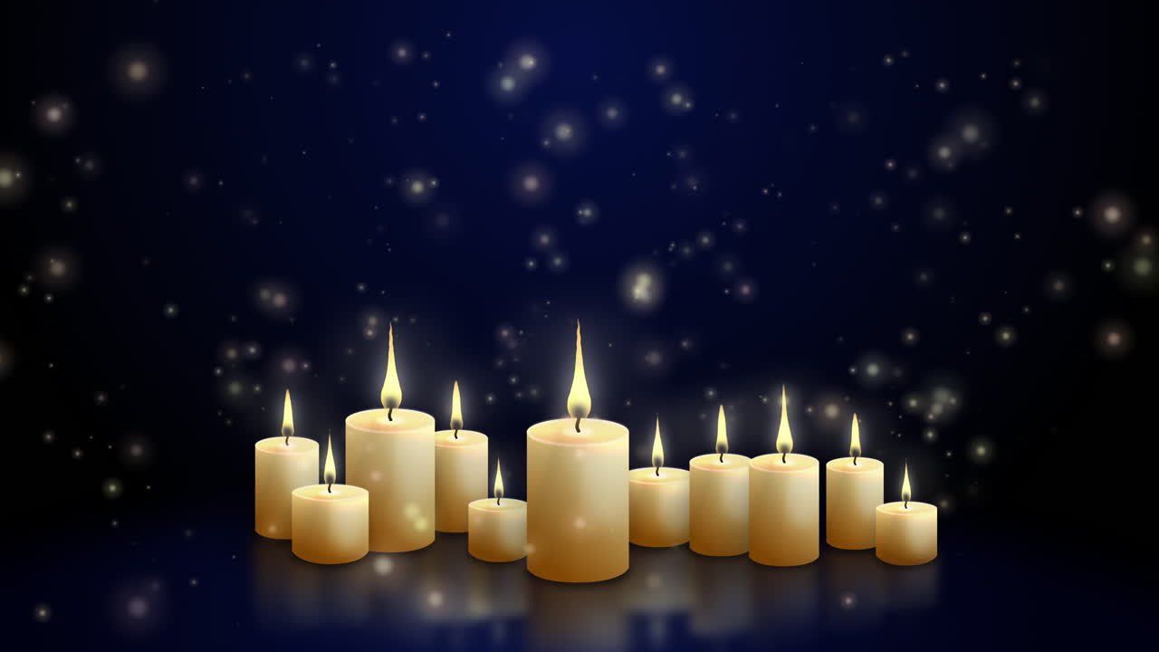 Candles with flames. Group of paraffin candles on table with reflection. Dark blue background with glowing blurred particles. Looped animation.