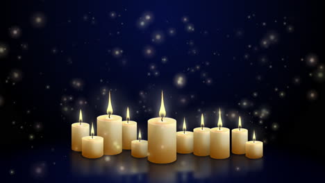 candles with flames. group of paraffin candles on table with reflection. dark blue background with glowing blurred particles. looped animation.