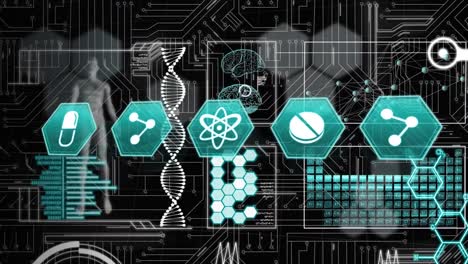 Medical icons floating over digital interface with medical data processing on black background
