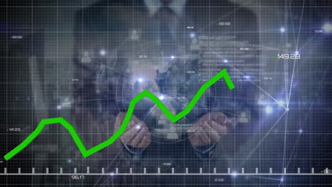 Animation-of-green-line-and-data-processing-over-caucasian-businessman-holding-globe