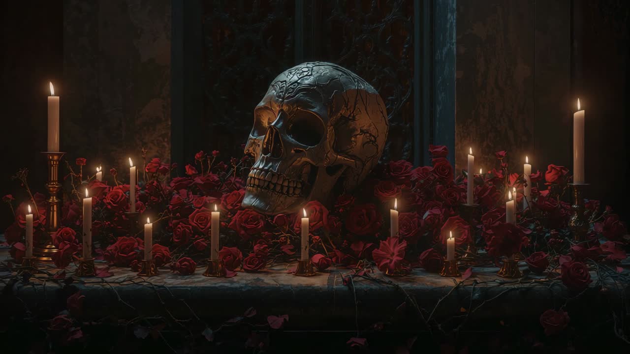Opening flickering candle flames casting shadows across metallic skull with petals in gothic niche