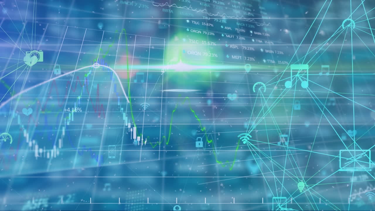 디지털 아이콘의 지구상의 애니메이션과 파란색 배경에 대한 주식 시장 데이터 처리.