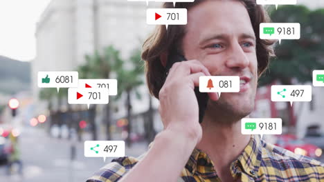 Animación-De-Notificaciones-De-Redes-Sociales-Sobre-Un-Hombre-Hablando-Por-Teléfono-Inteligente-En-Una-Calle-De-La-Ciudad