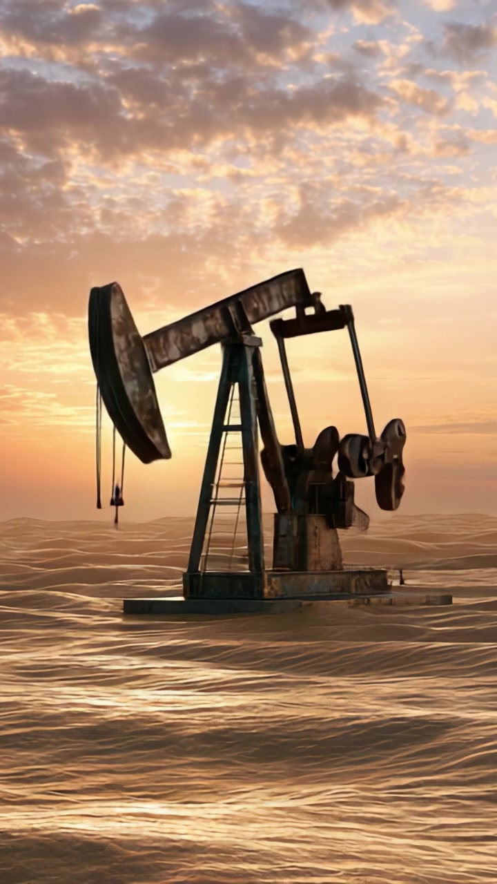 A Serene Oil Pumpjack Silhouetted Against a Beautiful Sunset Over Calm Waters, Highlighting the Intersection of Nature and Industry