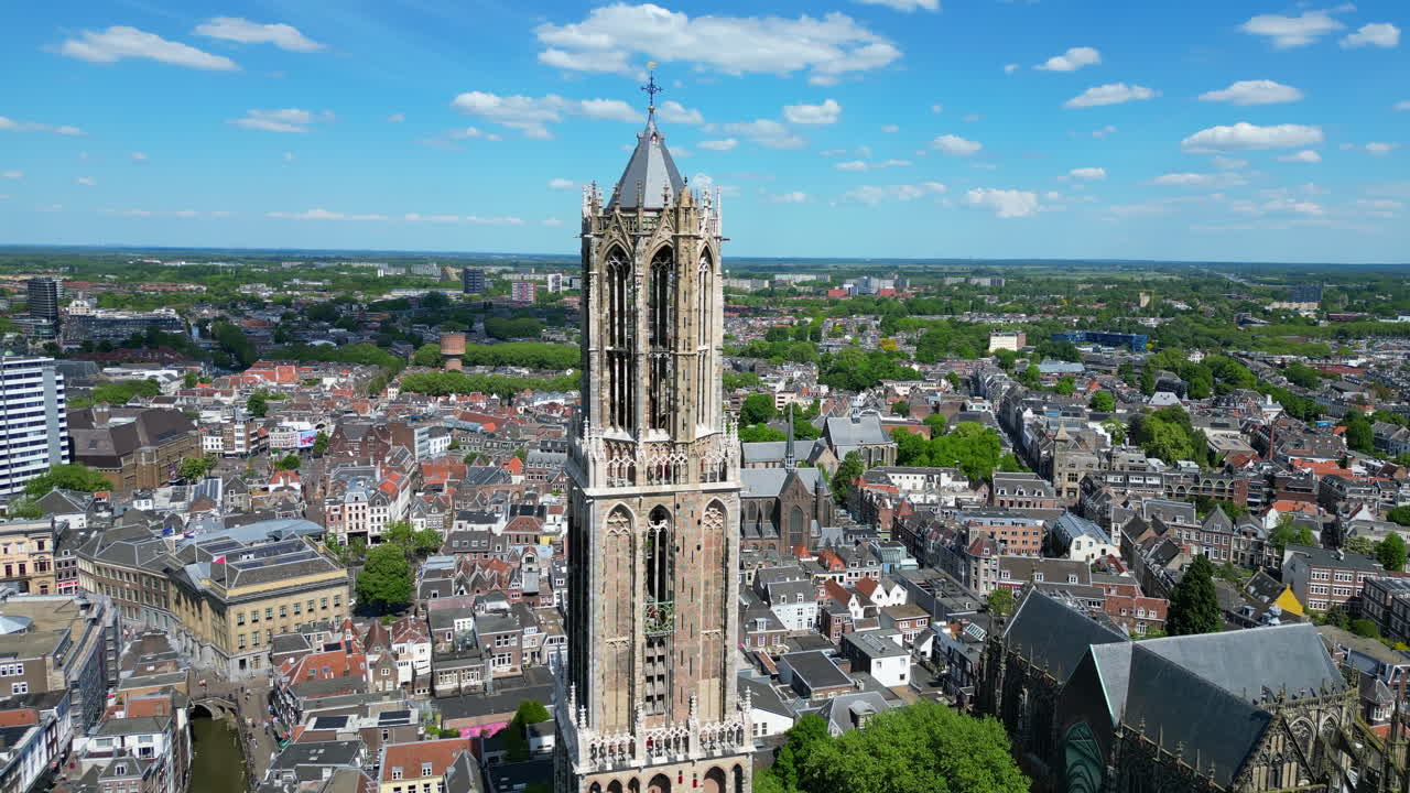 Dom tower in Utrecht, The Netherlands. Aerial drone video.