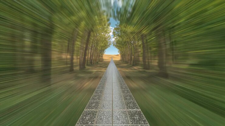 Telecamera in movimento che inizia un movimento in avanti, percorrendo una passerella di metallo stretta tra gli alberi, verso le dune