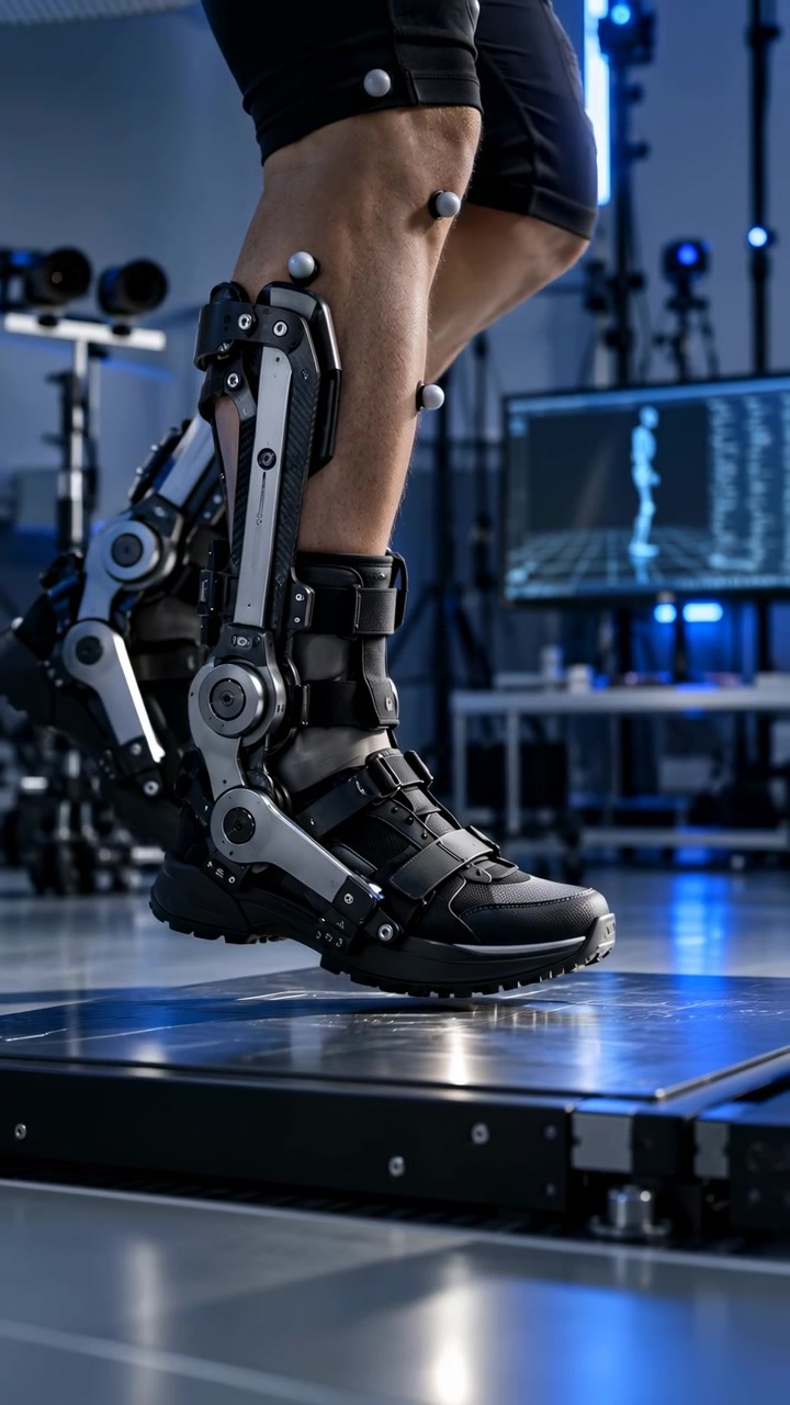 Close view follows alternating steps as articulated metal braces move with both legs, reflective markers dot skin, and background screen shows skeletal gait visualization in cool blue light.