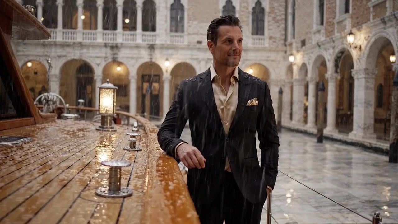 Un uomo elegante sta accanto a una barca lussuosa sotto un cielo piovoso in un elegante cortile, fondendo stile e serenità in un'atmosfera accattivante.