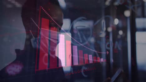 animation of covid 19 cells floating and statistics over woman in face mask in office