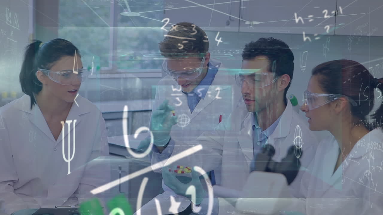 animación de ecuaciones matemáticas sobre diversos científicos en el paisaje urbano del laboratorio