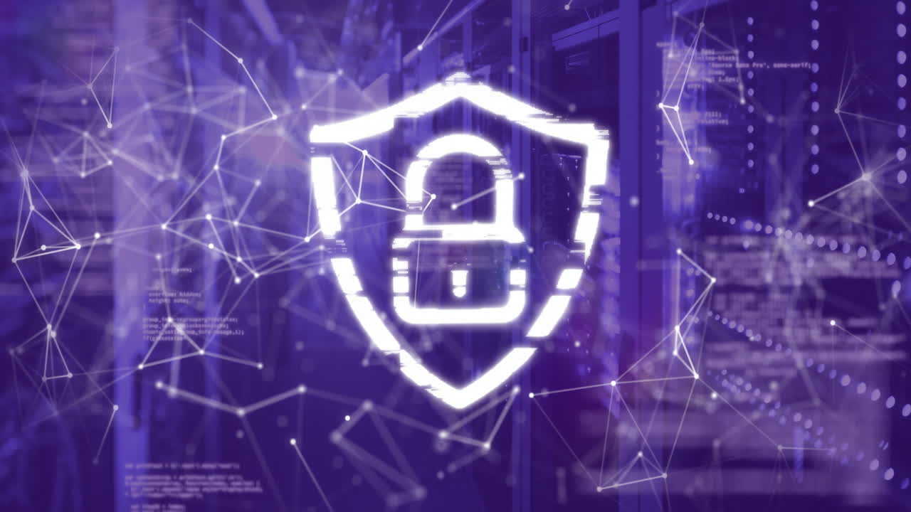 animación de escudo digital y conexiones de red a través de servidores de datos