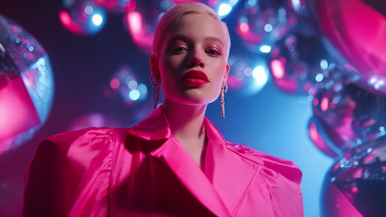 A Glamorously Styled Model in Bright Pink Attire Poses Against a Dazzling Backdrop of Reflective Disco Balls and Soft Blue Lighting, Creating a Captivating Fashion Statement