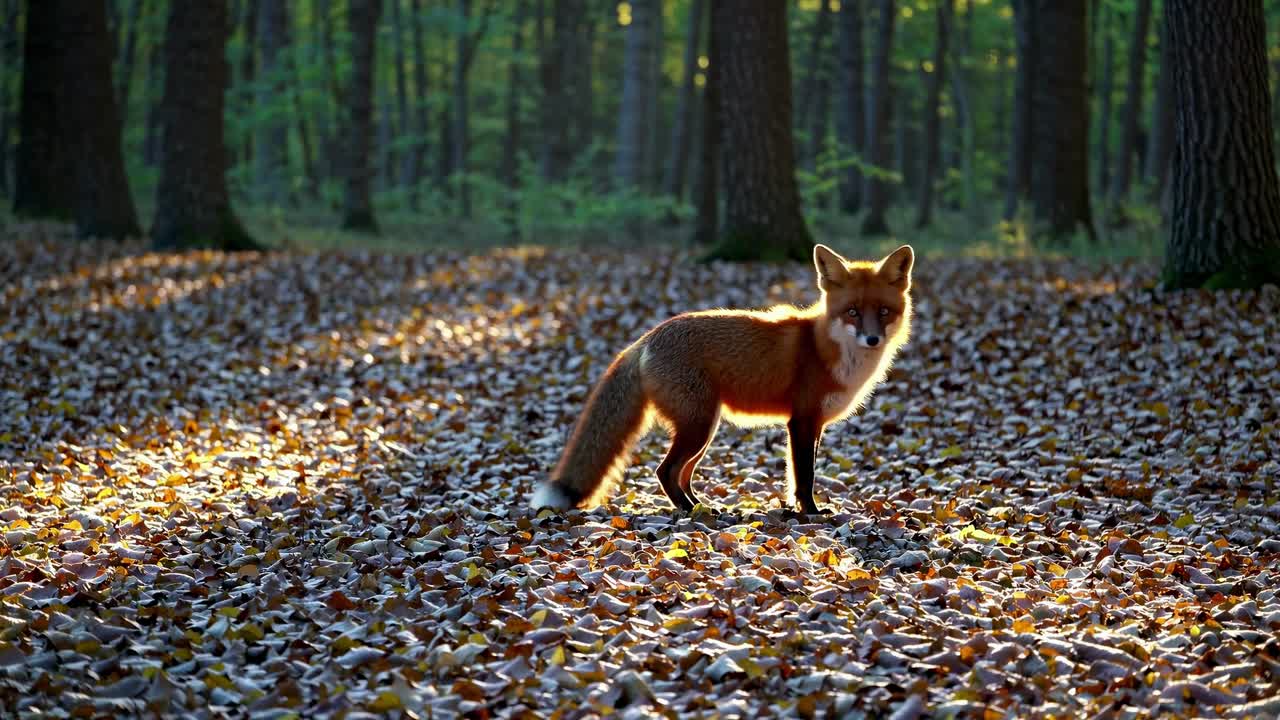 A fox stands in a sunlit forest, surrounded by fallen leaves. Captured at eye level, the scene