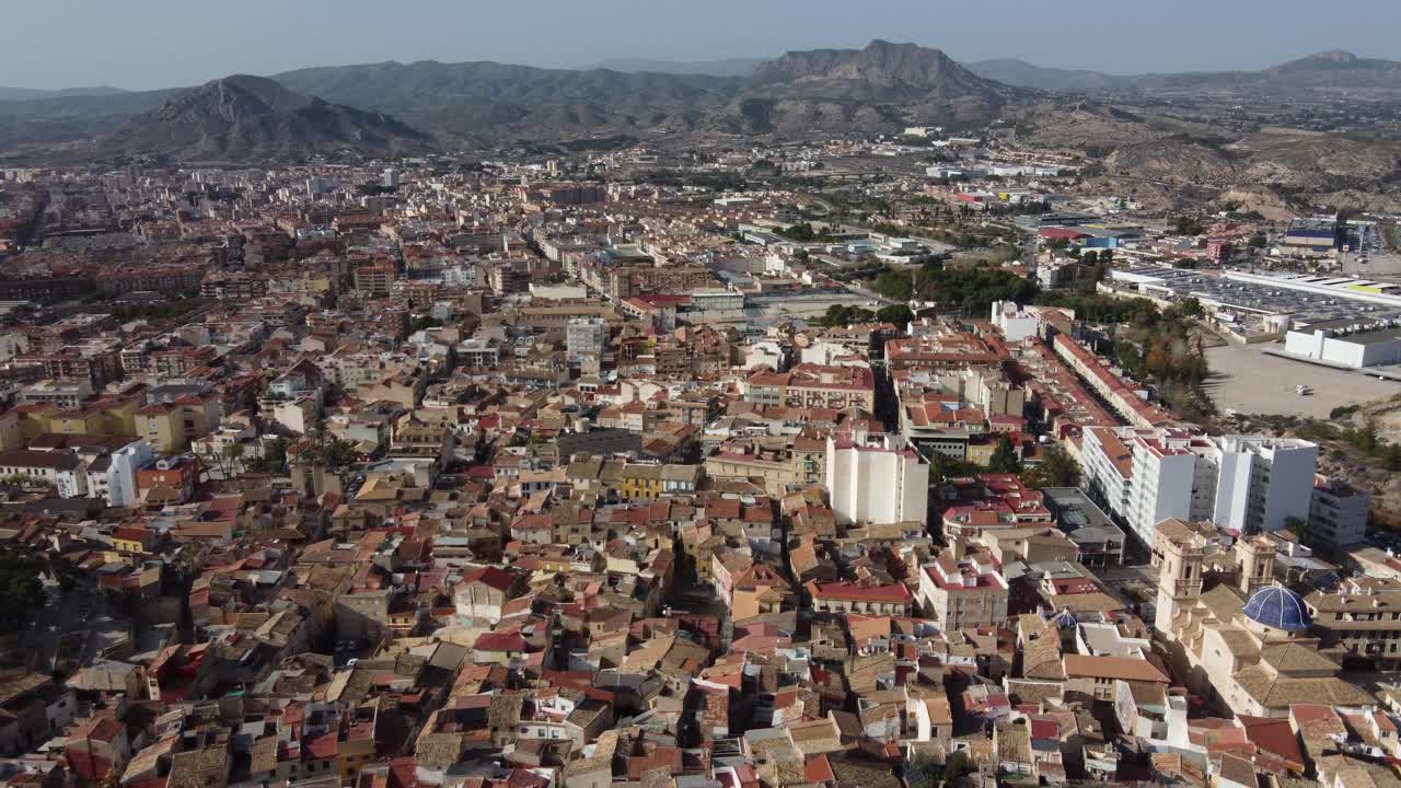 Aerial view of the towns of Elda, in the background, and Petrer, in the foreground, Spain