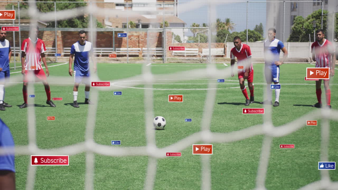Male players forming defensive wall behind net, featuring Subscribe Play Like icons for business
