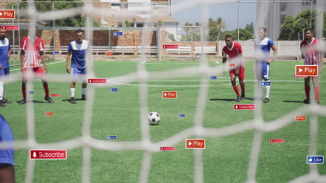 male players forming defensive wall behind net, featuring subscribe play like icons for business