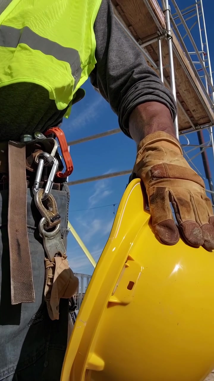 Obrero de construcción sosteniendo un casco amarillo en una obra