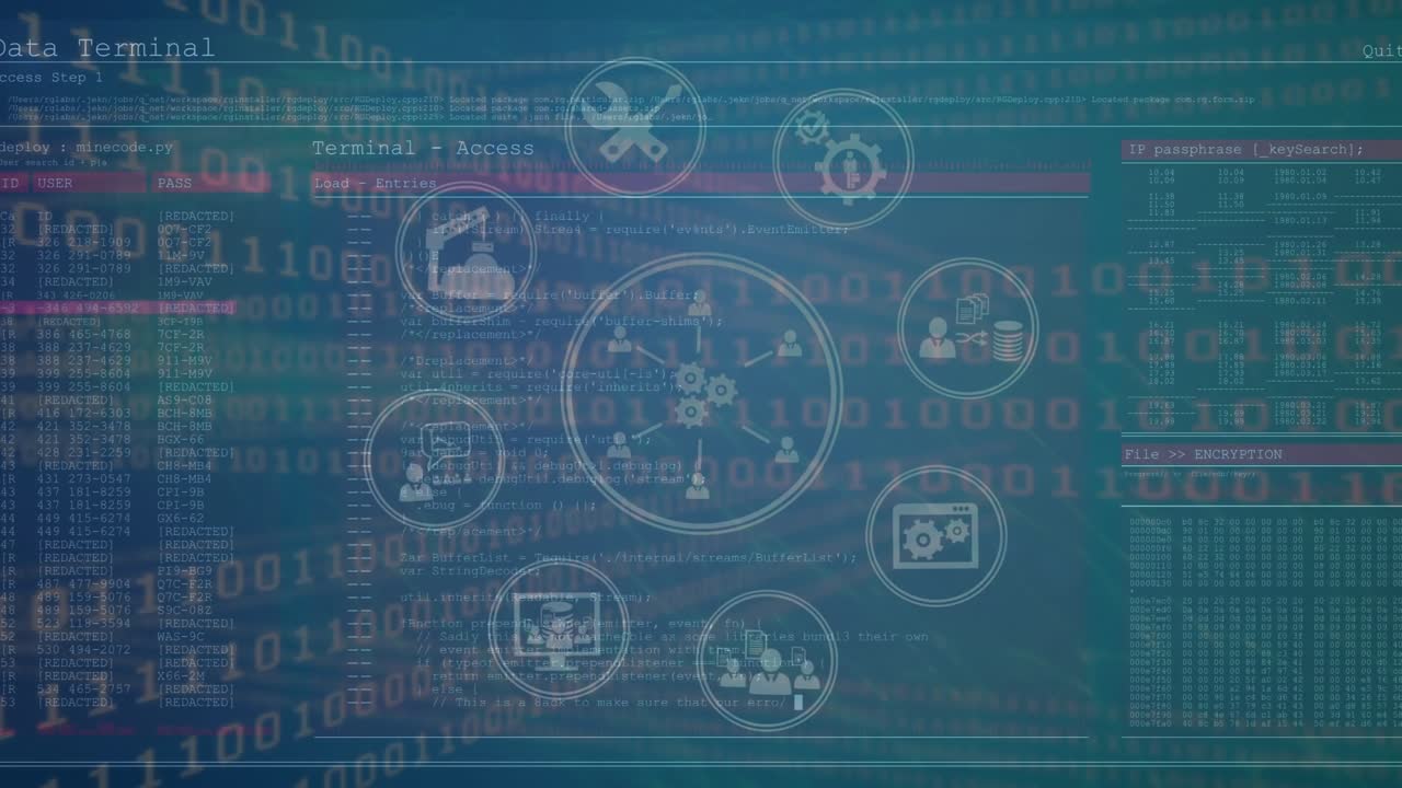 Animation of icons and data processing over blue background