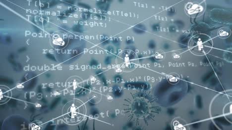 network of digital icons and data processing against covid-19 cell and blood vessels floating