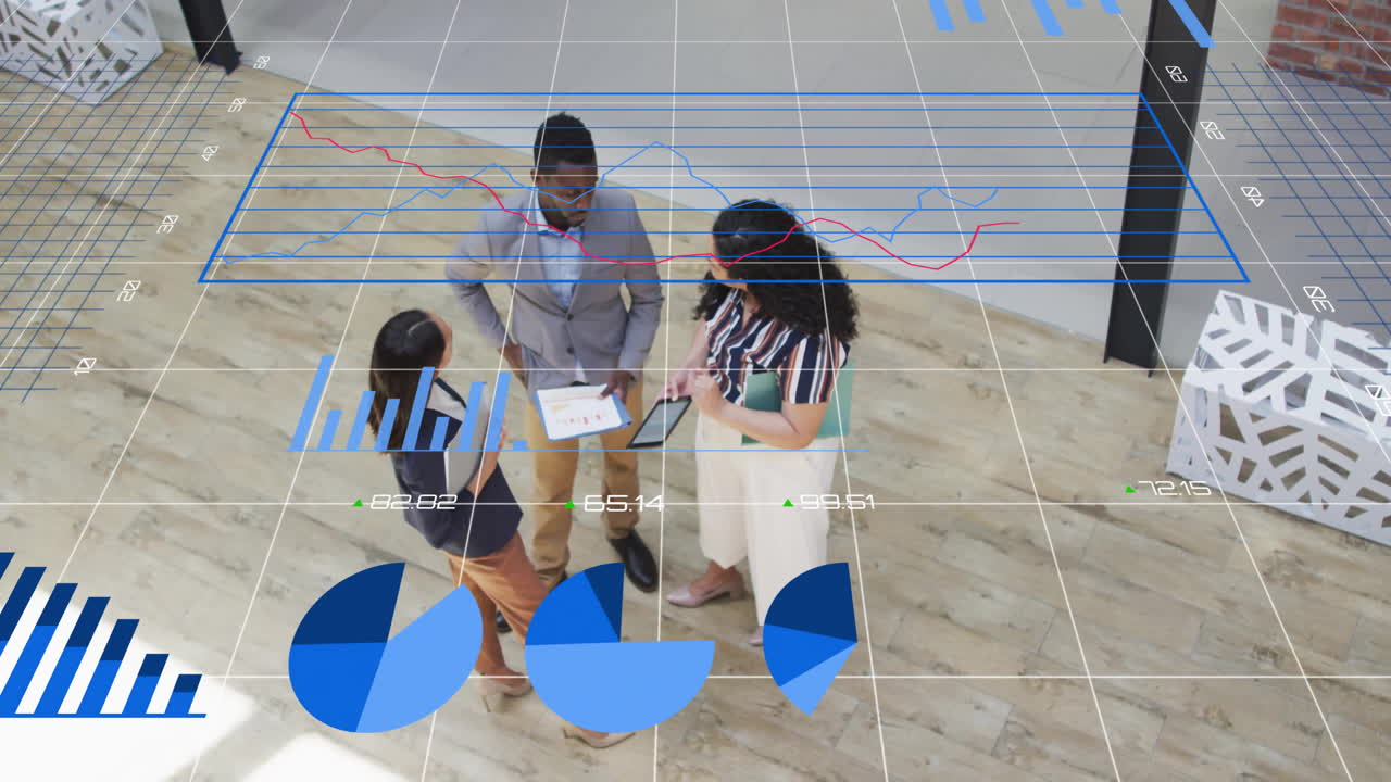 Animation of financial data processing over diverse businesspeople in office