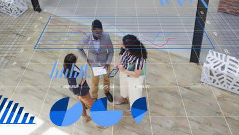 animation of financial data processing over diverse businesspeople in office