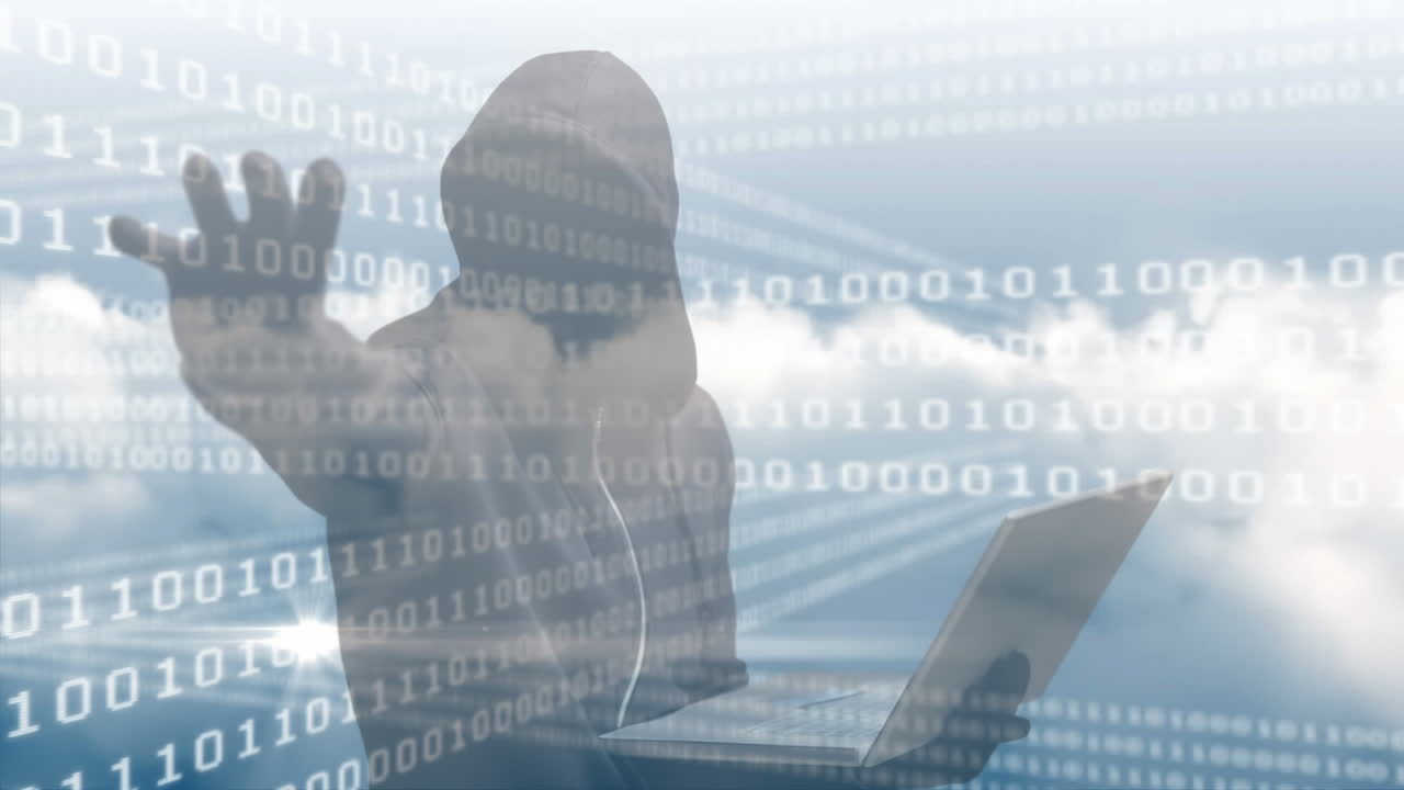 Digital composite video of hacker using laptop 4k