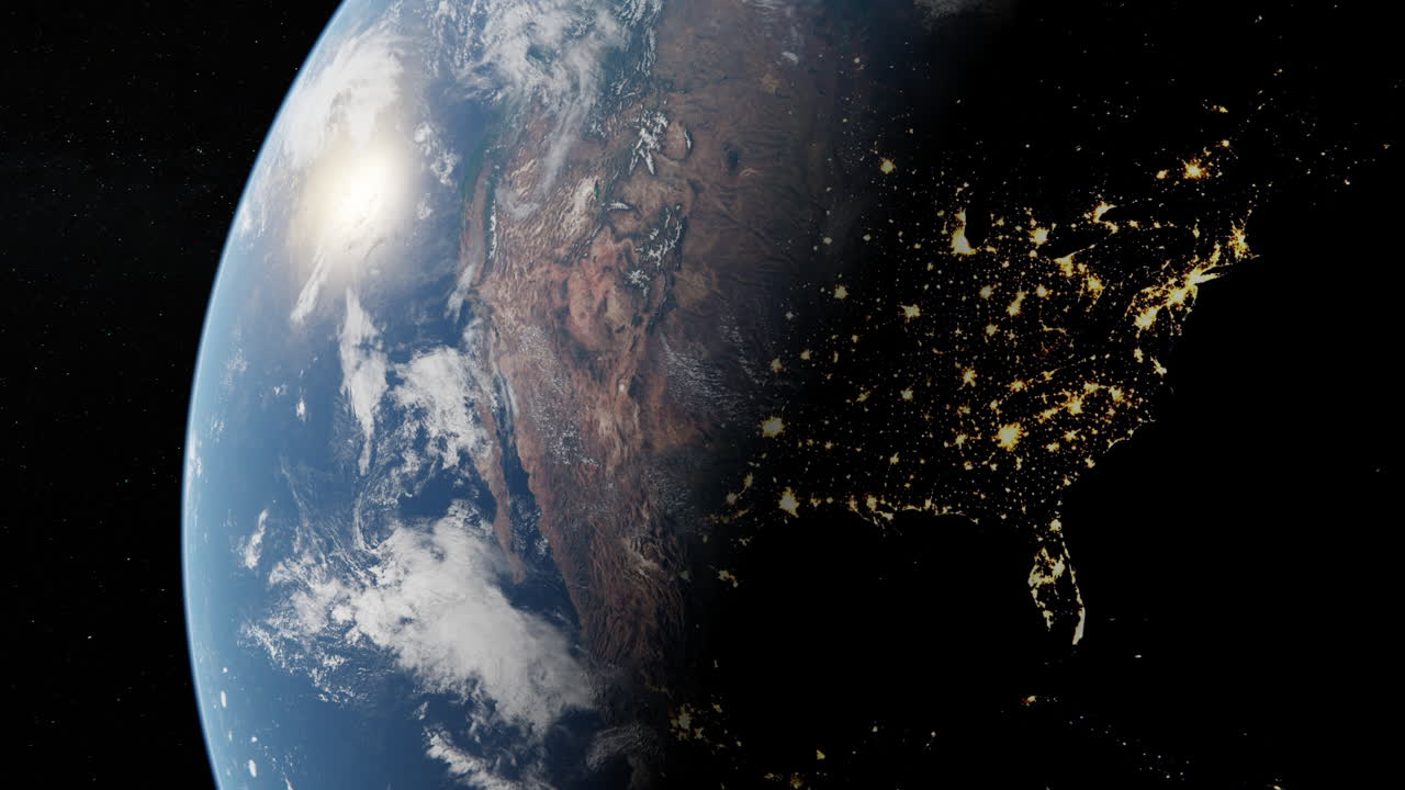 américa del norte día a noche lapso de tiempo de transición de la tierra del atardecer en el espacio - órbita de rotación mundial que revela las luces de la ciudad - planeta humano méxico y la civilización de los estados unidos - 4k