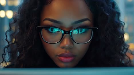 a woman wearing glasses looking at a laptop computer