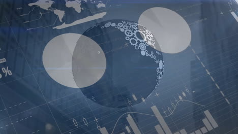 animation of financial data processing and globe with cogs over cityscape