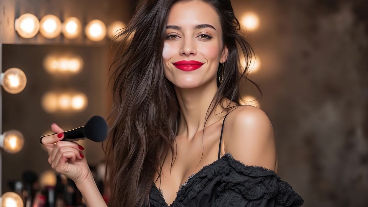 Bella giovane donna bruna che tiene in mano un pennello da trucco e sorride in un camerino illuminato